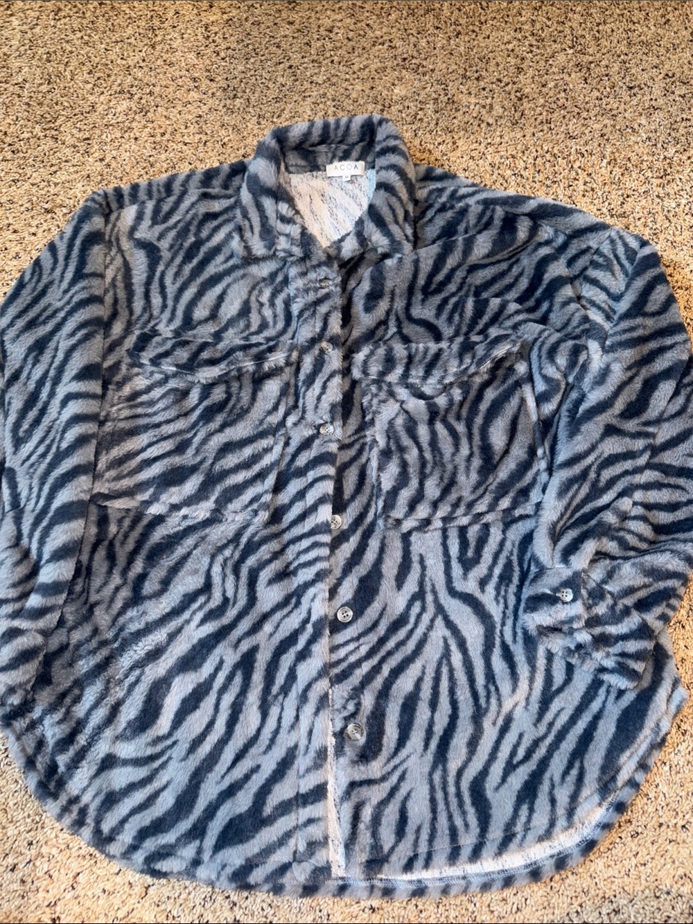 ACOA Plush Zebra Print Button-Up Shacket in Gray and Black